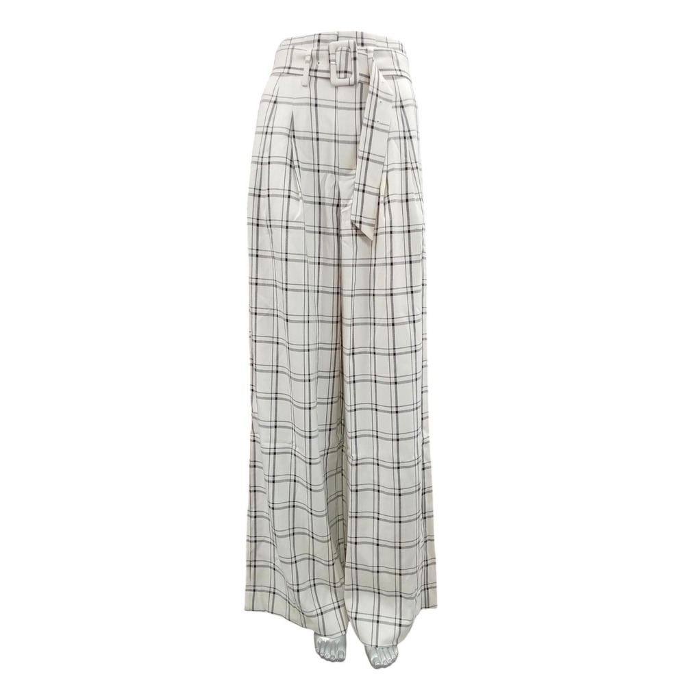 Choosy Cream Black Plaid Wide Leg High Waisted sz 4 Belted Trousers Pants NEW